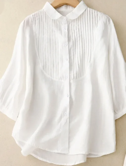 Women's Cotton Linen Shirts Solid Color Stylish Basic Casual 3/4 Length Sleeve Shirt Collar Regular Tops Daily Buttons White Pink Light Blue Summer