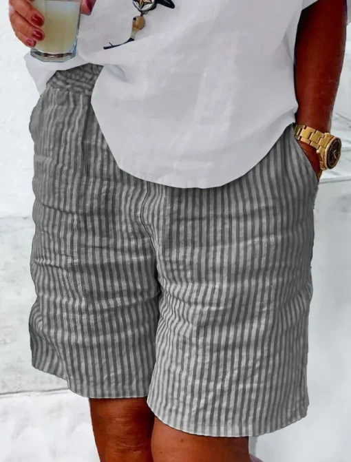 Women's Cotton Linen Shorts Bermuda shorts Fashion Basic Casual Short High Waist Striped Side Pockets Baggy Comfort Inelastic Vacation Street Casual Daily Grey Regular Fit