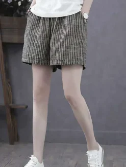 Women's Cotton Linen Shorts Bermuda shorts Fashion Basic Casual Short High Waist Striped Side Pockets Baggy Comfort Inelastic Vacation Street Casual Daily Grey Regular Fit