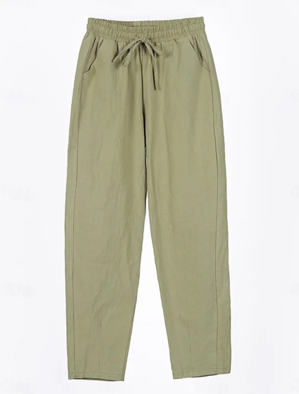 Women's Cotton Linen Shorts Linen-Inspired Pants Cotton Linen Pants Streetwear Simple Casual Long Mid Waist Plain Pocket Drawstring Baggy Breathable Soft Outdoor Micro-elastic Outdoor Vacation Casual