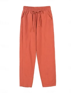 Women's Cotton Linen Shorts Linen-Inspired Pants Cotton Linen Pants Streetwear Simple Casual Long Mid Waist Plain Pocket Drawstring Baggy Breathable Soft Outdoor Micro-elastic Outdoor Vacation Casual