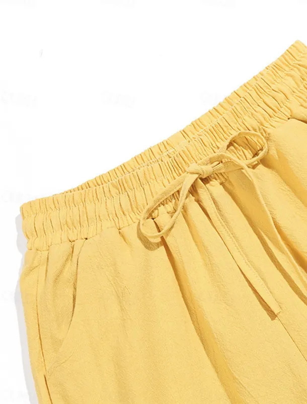 Women's Cotton Linen Shorts Linen-Inspired Pants Cotton Linen Pants Streetwear Simple Casual Long Mid Waist Plain Pocket Drawstring Baggy Breathable Soft Outdoor Micro-elastic Outdoor Vacation Casual