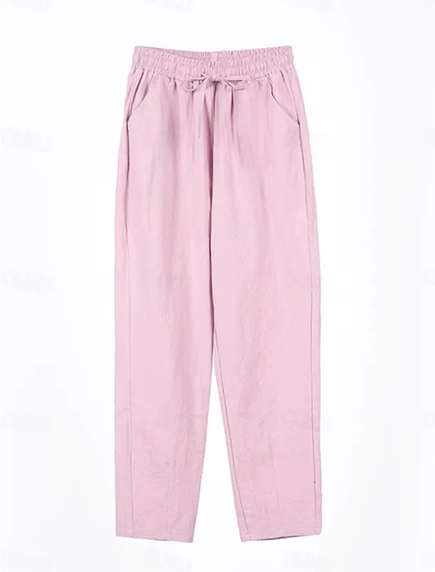 Women's Cotton Linen Shorts Linen-Inspired Pants Cotton Linen Pants Streetwear Simple Casual Long Mid Waist Plain Pocket Drawstring Baggy Breathable Soft Outdoor Micro-elastic Outdoor Vacation Casual