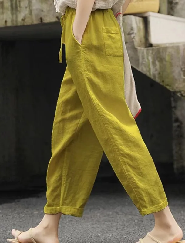 Women's Cotton Linen Shorts Linen-Inspired Pants Cotton Linen Pants Simple Classic & Timeless Full Length High Waist Solid Color Patchwork Pocket Drawstring Comfy Quick Dry Breathability Micro-elastic
