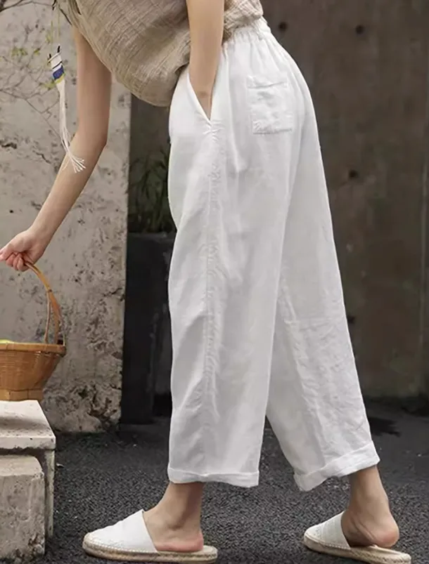 Women's Cotton Linen Shorts Linen-Inspired Pants Cotton Linen Pants Simple Classic & Timeless Full Length High Waist Solid Color Patchwork Pocket Drawstring Comfy Quick Dry Breathability Micro-elastic