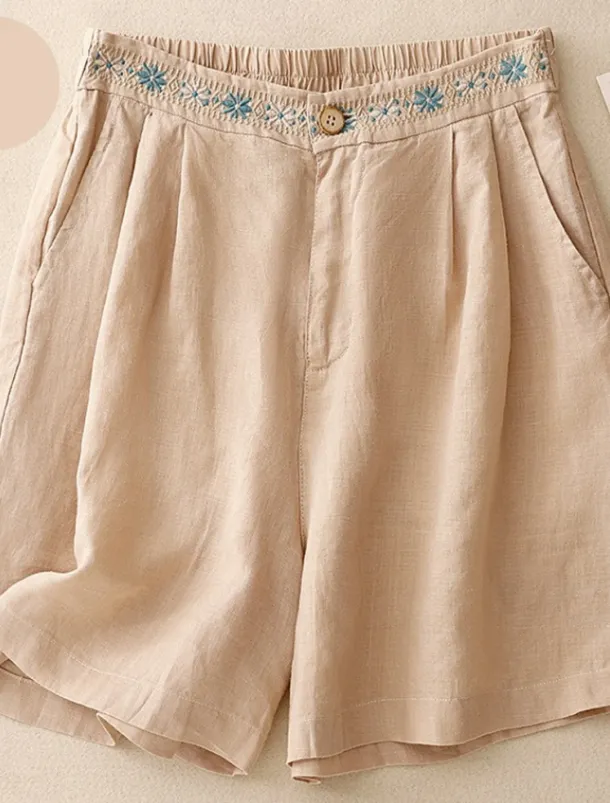 Women's Cotton Linen Shorts Shorts Slacks Casual Short Natural Flower Pocket Printing Comfy Comfortable Street Going out Sapphire Blue Dark Navy Purple Orange Summer Regular Fit