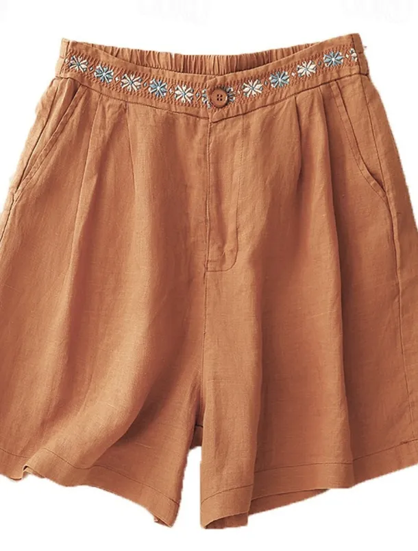 Women's Cotton Linen Shorts Shorts Slacks Casual Short Natural Flower Pocket Printing Comfy Comfortable Street Going out Sapphire Blue Dark Navy Purple Orange Summer Regular Fit