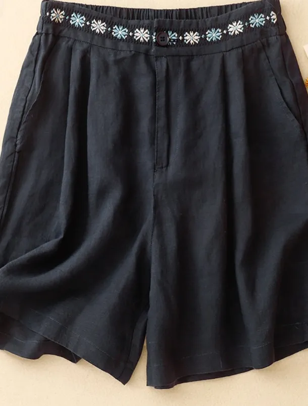 Women's Cotton Linen Shorts Shorts Slacks Casual Short Natural Flower Pocket Printing Comfy Comfortable Street Going out Sapphire Blue Dark Navy Purple Orange Summer Regular Fit