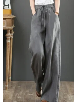 Women's Cotton Linen Shorts Linen-Inspired Pants Cotton Linen Pants Fashion Streetwear Full Length Natural Plain Pocket Elastic Drawstring Design Comfy Comfortable Street Going out Apricot Jacinth