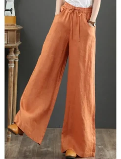 Women's Cotton Linen Shorts Linen-Inspired Pants Cotton Linen Pants Fashion Streetwear Full Length Natural Plain Pocket Elastic Drawstring Design Comfy Comfortable Street Going out Apricot Jacinth