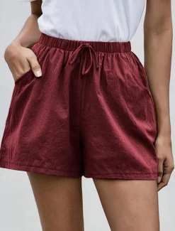 Women's Cotton Linen Shorts Shorts Fashion Streetwear Short Natural Plain Pocket Elastic Drawstring Design Comfy Outdoor Comfortable Street Daily Wear Going out Wine Dark Brown Army Green Dark Navy