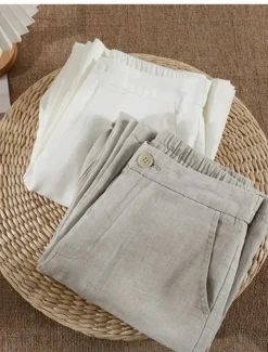 Women's Cotton Linen Wide Leg Chinos Ethnic Style Basic Casual Full Length Medium Waist Plain Pocket Comfort Outdoor Inelastic Causal Daily Black White Green Khaki Summer Spring Regular Fit