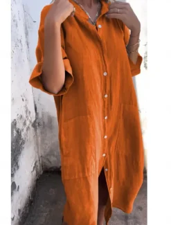 Women's Cotton Midi Dress Athletic Dress Casual Cocktail Office Date Regular Fit Plain Half Sleeve Shirt Collar Black Red Blue Orange Summer