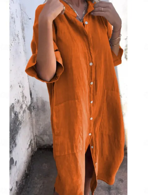 Women's Cotton Midi Dress Athletic Dress Casual Cocktail Office Date Regular Fit Plain Half Sleeve Shirt Collar Black Red Blue Orange Summer