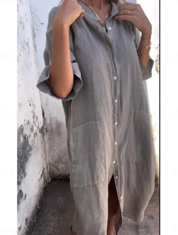 Women's Cotton Midi Dress Athletic Dress Casual Cocktail Office Date Regular Fit Plain Half Sleeve Shirt Collar Black Red Blue Orange Summer