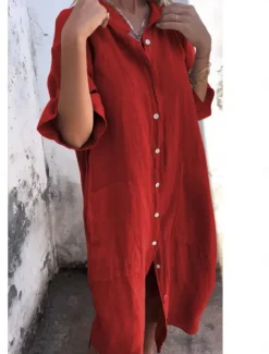 Women's Cotton Midi Dress Athletic Dress Casual Cocktail Office Date Regular Fit Plain Half Sleeve Shirt Collar Black Red Blue Orange Summer
