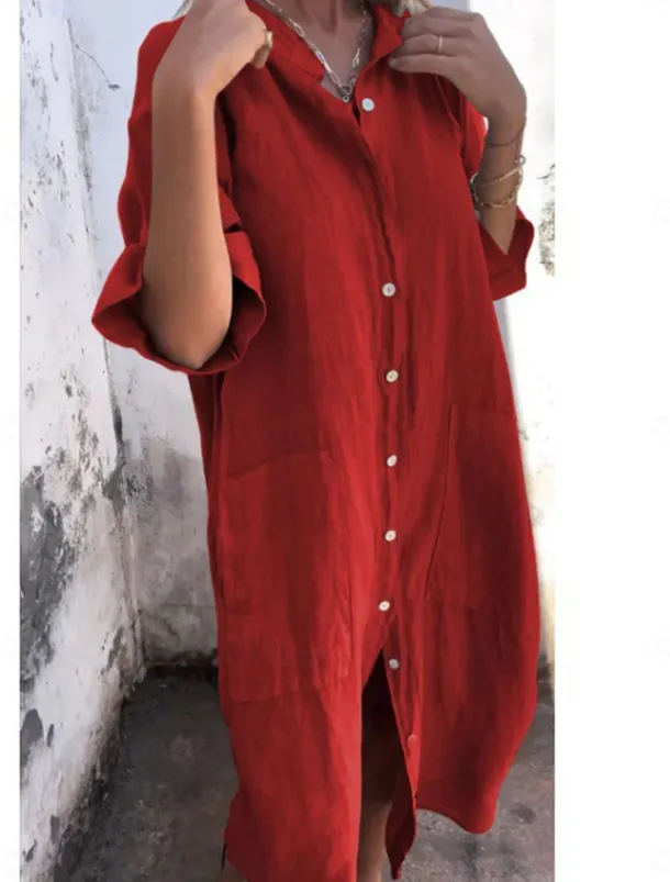 Women's Cotton Midi Dress Athletic Dress Casual Cocktail Office Date Regular Fit Plain Half Sleeve Shirt Collar Black Red Blue Orange Summer