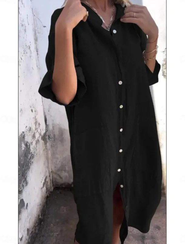 Women's Cotton Midi Dress Athletic Dress Casual Cocktail Office Date Regular Fit Plain Half Sleeve Shirt Collar Black Red Blue Orange Summer