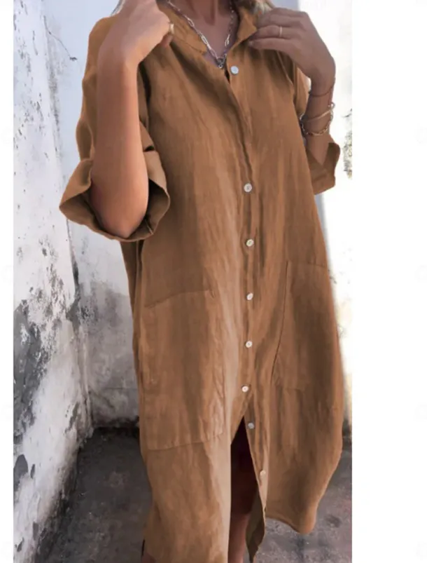 Women's Cotton Midi Dress Athletic Dress Casual Cocktail Office Date Regular Fit Plain Half Sleeve Shirt Collar Black Red Blue Orange Summer