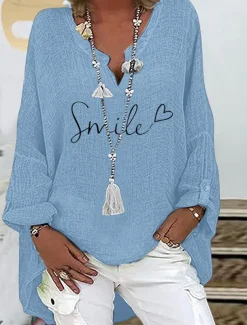 Women's Cotton Shirts Letter Basic Casual Long Sleeve V Neck Regular Tops Daily Print Black Navy Blue Sky Blue Summer Spring Fall