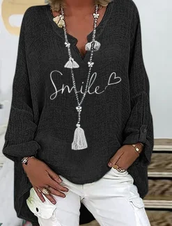 Women's Cotton Shirts Letter Basic Casual Long Sleeve V Neck Regular Tops Daily Print Black Navy Blue Sky Blue Summer Spring Fall