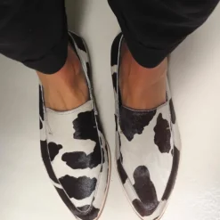 Women's Cowhide Pattern Faux Leather Loafers – Stylish Black & White Slip-On Flats for Casual and Office Wear