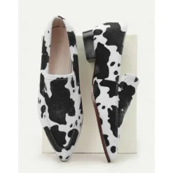 Women's Cowhide Pattern Faux Leather Loafers – Stylish Black & White Slip-On Flats for Casual and Office Wear