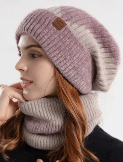 Women's Cozy and Stylish Knitted Beanie and Scarf Set with Fleece Lining and Ear Flaps - Warm and Cozy for Winter
