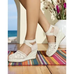 Women's Crochet Lace Espadrille Wedge Sandals – Vintage Style Closed Toe Platform Shoes with Ankle Straps, Ideal for Summer Beach Weddings and Garden Parties