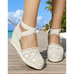 Women's Crochet Lace Espadrille Wedge Sandals – Vintage Style Closed Toe Platform Shoes with Ankle Straps, Ideal for Summer Beach Weddings and Garden Parties