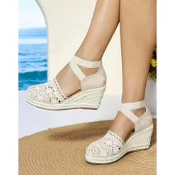 Women's Crochet Lace Espadrille Wedge Sandals – Vintage Style Closed Toe Platform Shoes with Ankle Straps, Ideal for Summer Beach Weddings and Garden Parties