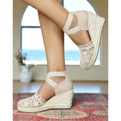 Women's Crochet Lace Espadrille Wedge Sandals – Vintage Style Closed Toe Platform Shoes with Ankle Straps, Ideal for Summer Beach Weddings and Garden Parties