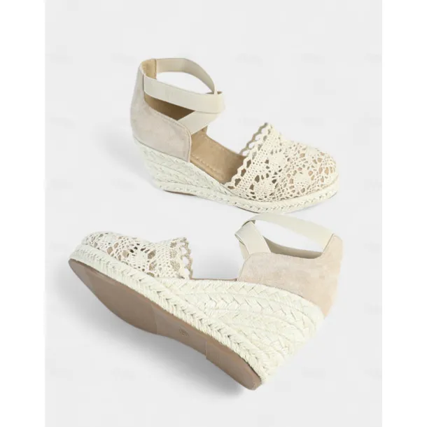 Women's Crochet Lace Espadrille Wedge Sandals – Vintage Style Closed Toe Platform Shoes with Ankle Straps, Ideal for Summer Beach Weddings and Garden Parties