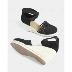 Women's Crochet Lace Espadrille Wedge Sandals – Vintage Style Closed Toe Platform Shoes with Ankle Straps, Ideal for Summer Beach Weddings and Garden Parties