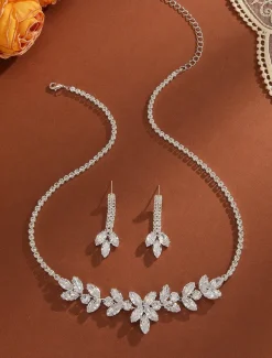 Women's Crystal Leaf Necklace and Dangle Earrings Set - Elegant Zircon Jewelry for Evening Parties and Formal Events