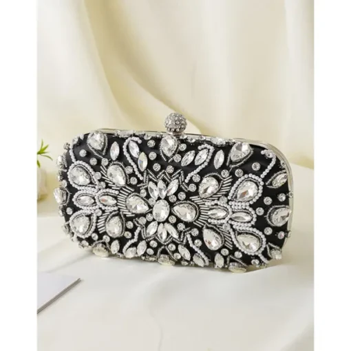 Women's Crystal-Embellished Clutch Bag, Elegant Evening Handbag with Pearl and Rhinestone Detailing, Perfect for Weddings, Parties, and Formal Events Black Silver Gold