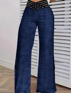 Women's Culottes Wide Leg Chinos Vacation Vintage Ethnic Style Full Length High Waist Solid Color Hole Comfy Breathable Soft Micro-elastic Outdoor Vacation Casual Navy Denim Blue Black Olive Green