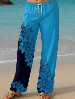 Women's Culottes Wide Leg Vacation Vintage Ethnic Style Long High Waist Floral Graphic Quick Dry Breathability Soft Inelastic Formal Outdoor Vacation Lake blue Yellow Blue Green Summer Spring