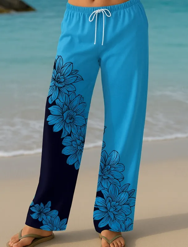 Women's Culottes Wide Leg Vacation Vintage Ethnic Style Long High Waist Floral Graphic Quick Dry Breathability Soft Inelastic Formal Outdoor Vacation Lake blue Yellow Blue Green Summer Spring