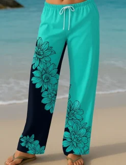 Women's Culottes Wide Leg Vacation Vintage Ethnic Style Long High Waist Floral Graphic Quick Dry Breathability Soft Inelastic Formal Outdoor Vacation Lake blue Yellow Blue Green Summer Spring