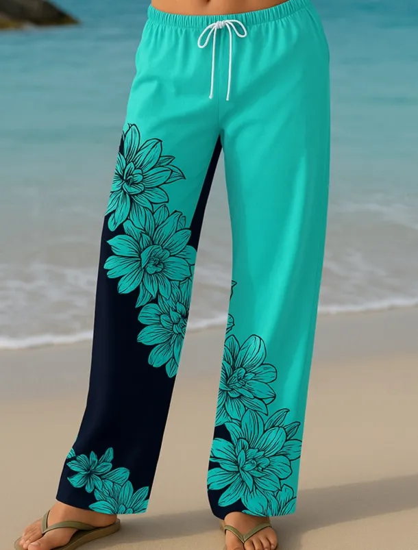 Women's Culottes Wide Leg Vacation Vintage Ethnic Style Long High Waist Floral Graphic Quick Dry Breathability Soft Inelastic Formal Outdoor Vacation Lake blue Yellow Blue Green Summer Spring