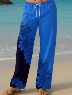 Women's Culottes Wide Leg Vacation Vintage Ethnic Style Long High Waist Floral Graphic Quick Dry Breathability Soft Inelastic Formal Outdoor Vacation Lake blue Yellow Blue Green Summer Spring