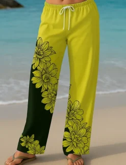 Women's Culottes Wide Leg Vacation Vintage Ethnic Style Long High Waist Floral Graphic Quick Dry Breathability Soft Inelastic Formal Outdoor Vacation Lake blue Yellow Blue Green Summer Spring