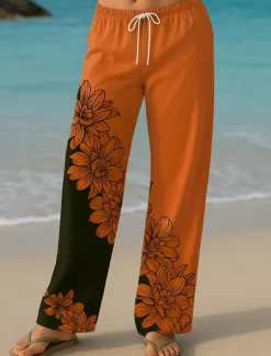 Women's Culottes Wide Leg Vacation Vintage Ethnic Style Long High Waist Floral Graphic Quick Dry Breathability Soft Inelastic Formal Outdoor Vacation Lake blue Yellow Blue Green Summer Spring