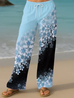 Women's Culottes Wide Leg Vacation Vintage Ethnic Style Full Length High Waist Floral Graphic Quick Dry Breathability Soft Inelastic Formal Outdoor Vacation Yellow Pink Blue Purple Summer Spring