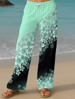 Women's Culottes Wide Leg Vacation Vintage Ethnic Style Full Length High Waist Floral Graphic Quick Dry Breathability Soft Inelastic Formal Outdoor Vacation Yellow Pink Blue Purple Summer Spring