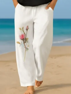 Women's Culottes Wide Leg Vacation Vintage Ethnic Style Full Length High Waist Floral Graphic Quick Dry Breathability Soft Inelastic Formal Outdoor Vacation Black White Pink Summer Spring