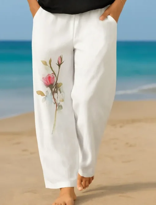 Women's Culottes Wide Leg Vacation Vintage Ethnic Style Full Length High Waist Floral Graphic Quick Dry Breathability Soft Inelastic Formal Outdoor Vacation Black White Pink Summer Spring