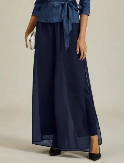 Women's Culottes Wide Leg Straight-Leg Trousers Elegant Stylish Classic Style Full Length Medium Waist Solid Color Elastic Waist Stretchy Wedding Vacation Party Navy Blue Spring, Fall, Winter, Summer
