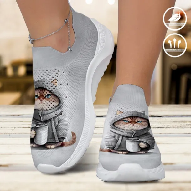 Women's Cute Cat Print Slip-On Sneakers, Lightweight and Breathable Walking Shoes, Comfortable and Stylish Casual Footwear, Perfect for Daily Wear